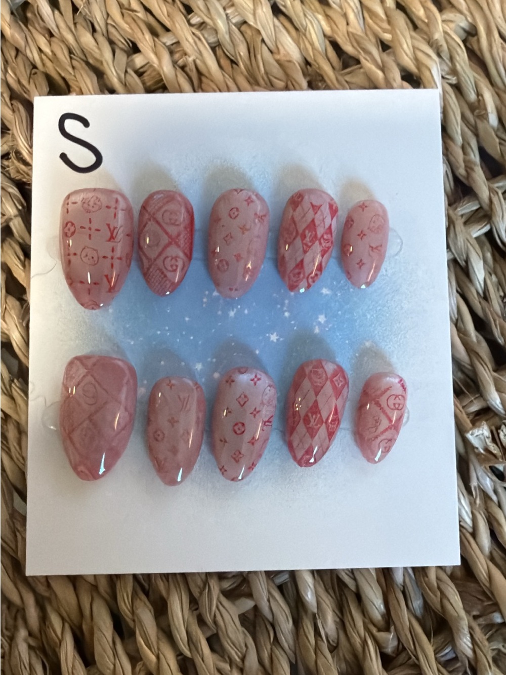 🎀 NEW Blush Pink Press-On Nails with Monogram & Argyle Accents 🎀